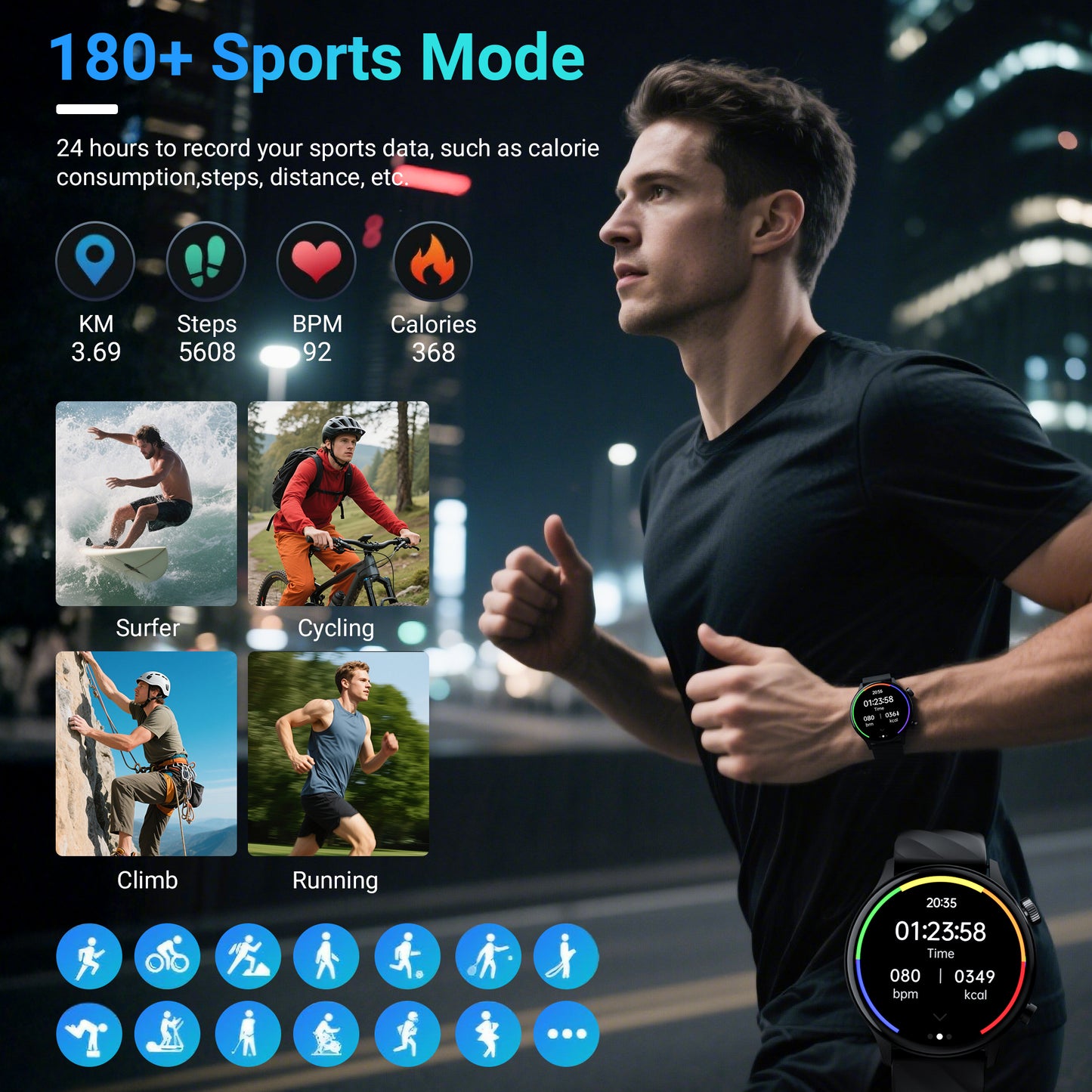 Smart Watch for Android and iPhone, IP68 Waterproof Smartwatch for Women Men 180+ Sports Modes 1.39-inch Fitness Tracker, Smart Watch with Bluetooth Call(Answer/Make Calls), for Gift Black