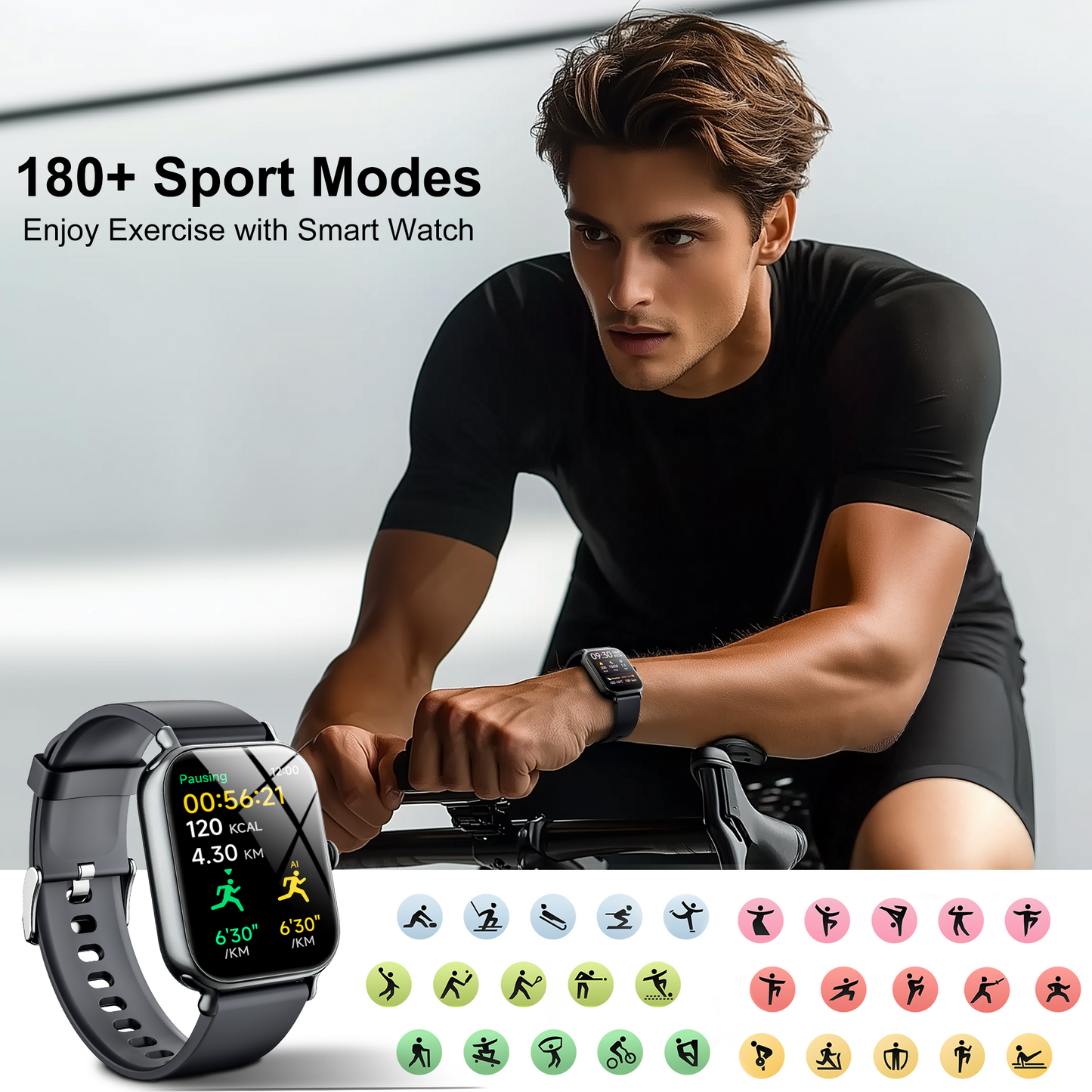 STA 1.95-inch Men Women's Smartwatch with Answer/Make Calls/180 Sports Modes/Message Reminder, IP67 Waterproof Fitness Tracker for Android Iphone Devices(Black)