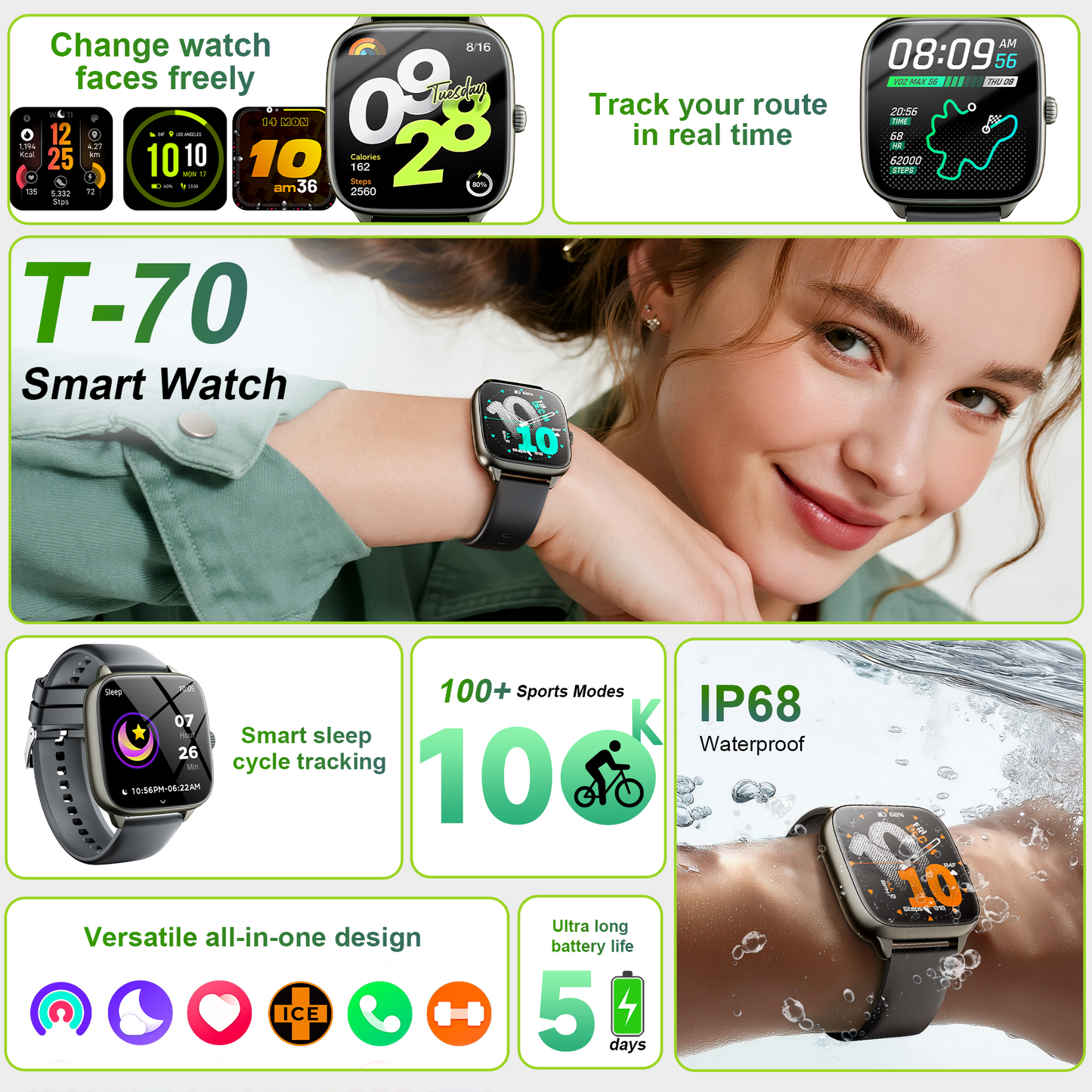 STA Smartwatch – Fitness and Sleep Tracker with 1.72" HD Display, Precise GPS, Call and Messaging, 24/7 Sleep Monitoring, 100+ Professional Sports Modes, Ideal for Sleep and Sports(Black)