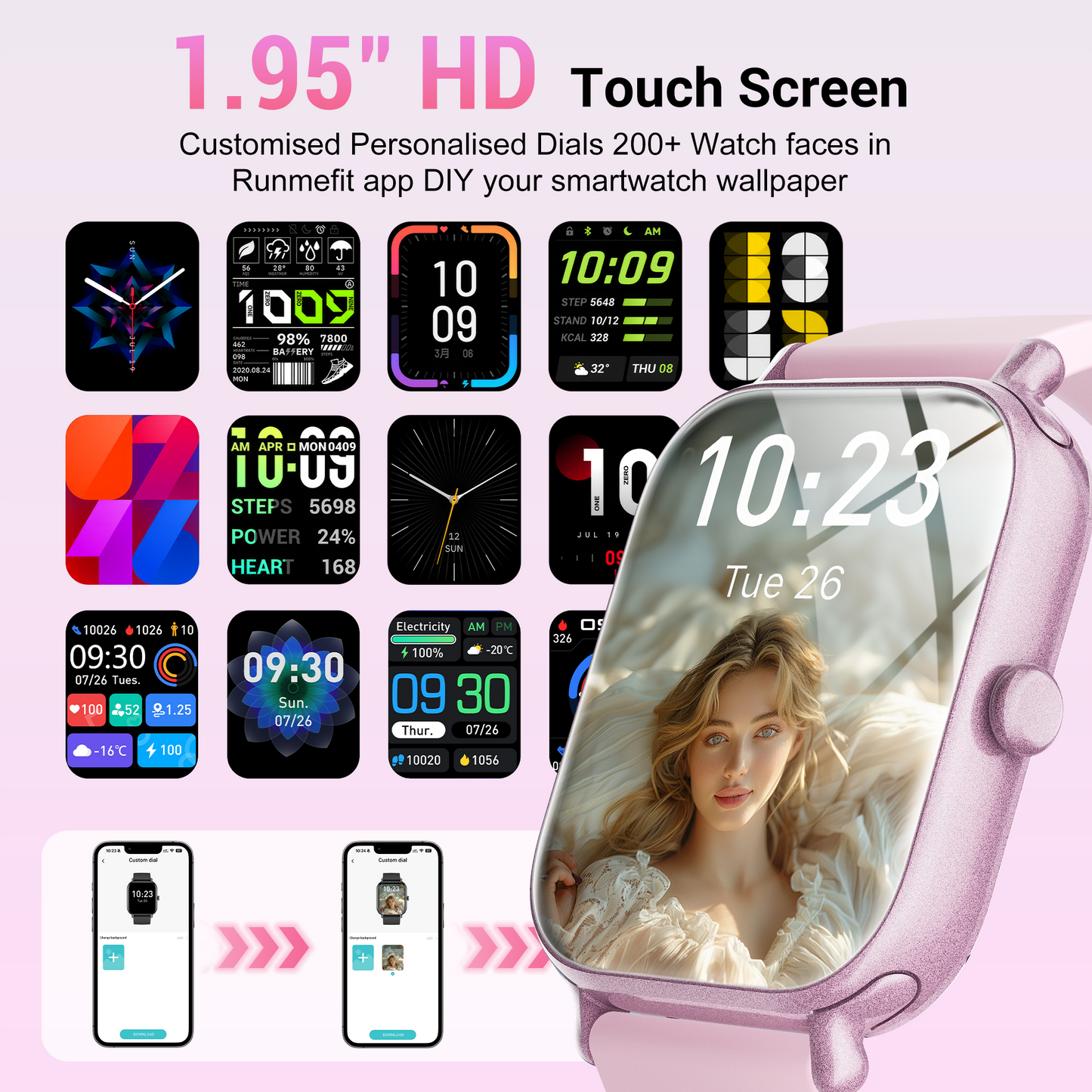 STA Smart Watch,IP68 Waterproof Smartwatch for Women Men 180+ Sports Modes,1.95-inch Fitness Tracker with Bluetooth Call(Answer/Make Calls) STA Smartwatch Compatible with Android and iPhone (Pink)