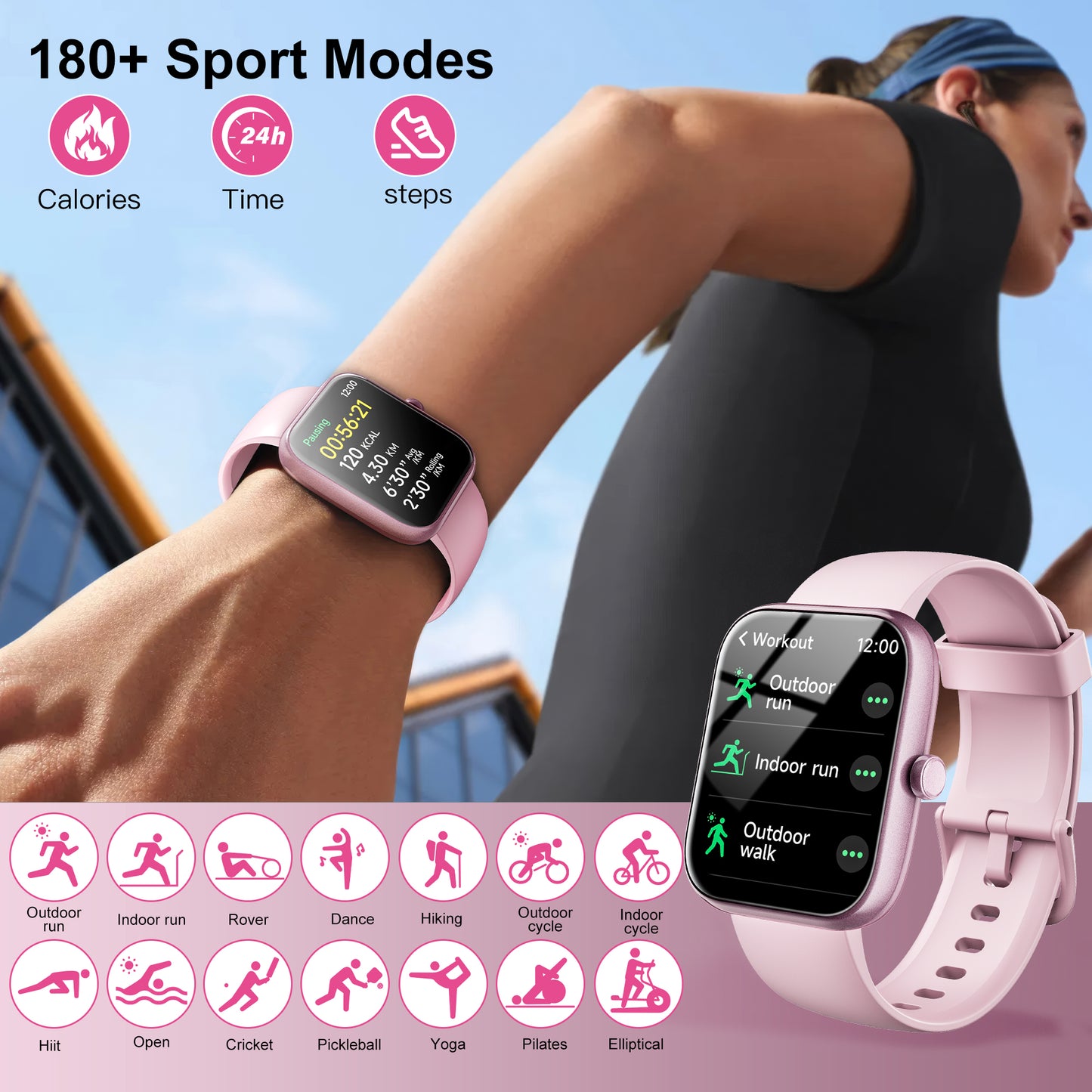 STA Smart Watch,IP68 Waterproof Smartwatch for Women Men 180+ Sports Modes,1.85-inch Fitness Tracker with Bluetooth Call(Answer/Make Calls) STA Smartwatch Compatible with Android and iPhone (Pink)
