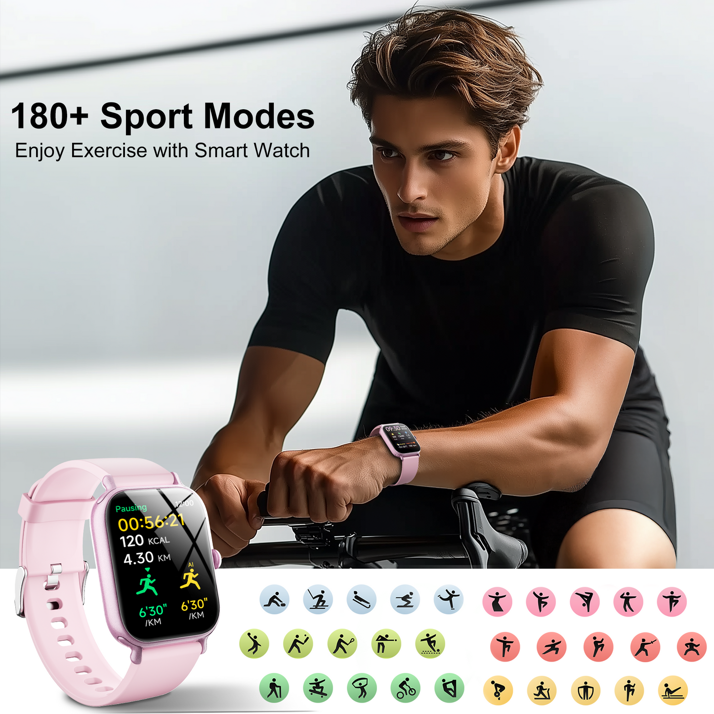 STA cx3 pink Smart Watch for Android and iPhone, 1.95"Smartwatch for Men Women, Answer/Make Call, 180+ Sports Modes Fitness Activity Tracker, IP68 Waterproof (Pink)