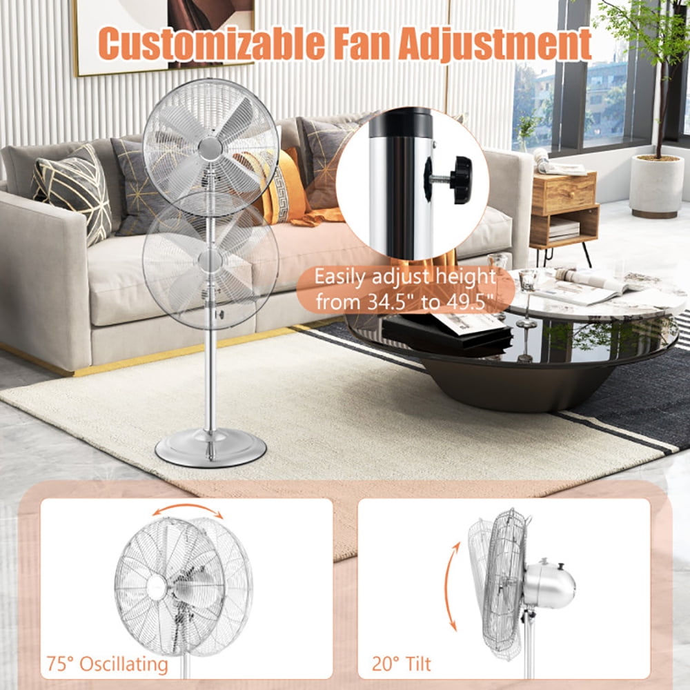 Resenkos Fans,Blow Cold Air, 16 Inch Pedestal Standing Fan Oscillating Pedestal Fan with 3 Speeds and Adjustable Height-Silver