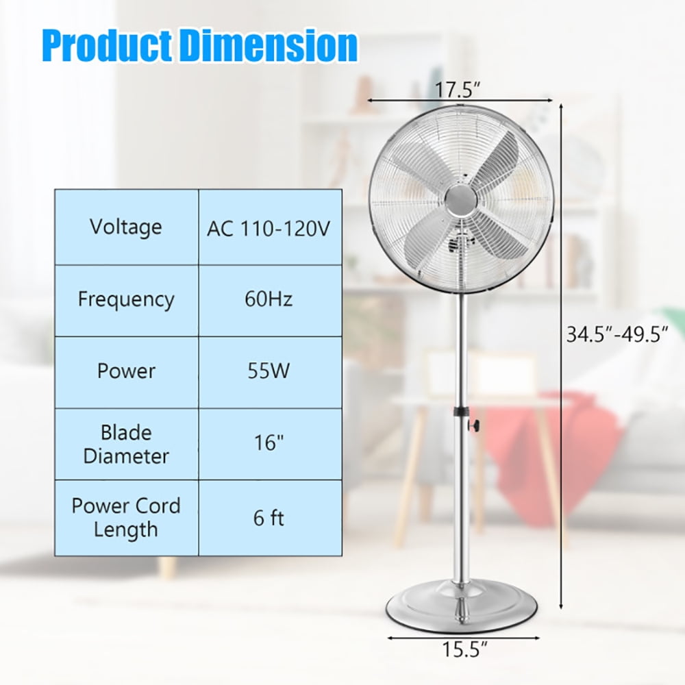 Resenkos Fans,Blow Cold Air, 16 Inch Pedestal Standing Fan Oscillating Pedestal Fan with 3 Speeds and Adjustable Height-Silver