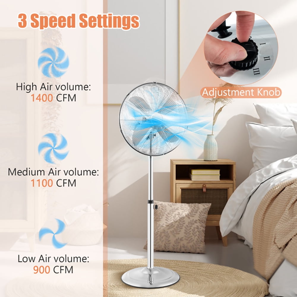 Resenkos Fans,Blow Cold Air, 16 Inch Pedestal Standing Fan Oscillating Pedestal Fan with 3 Speeds and Adjustable Height-Silver