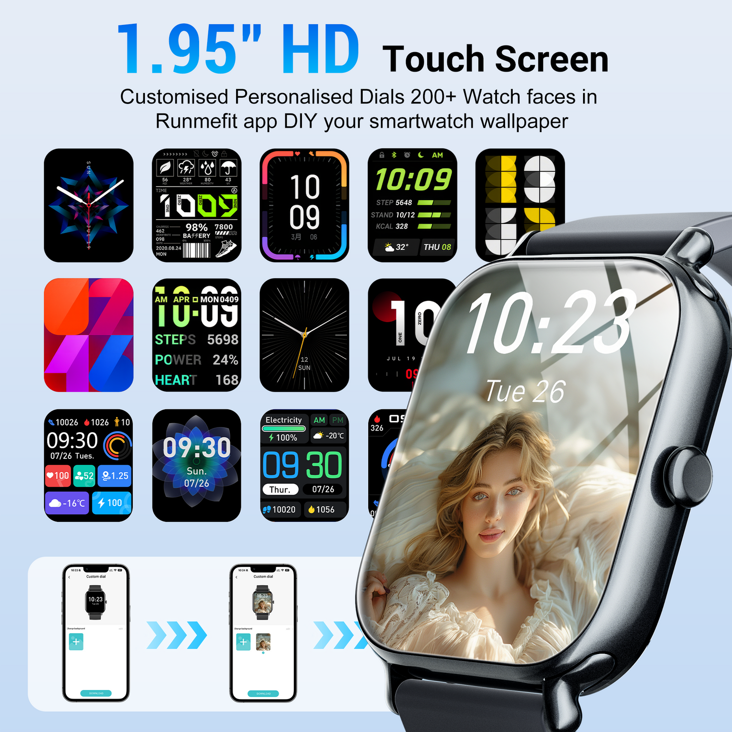 STA 1.95-inch Men Women's Smartwatch with Answer/Make Calls/180 Sports Modes/Message Reminder, IP67 Waterproof Fitness Tracker for Android Iphone Devices（Black）