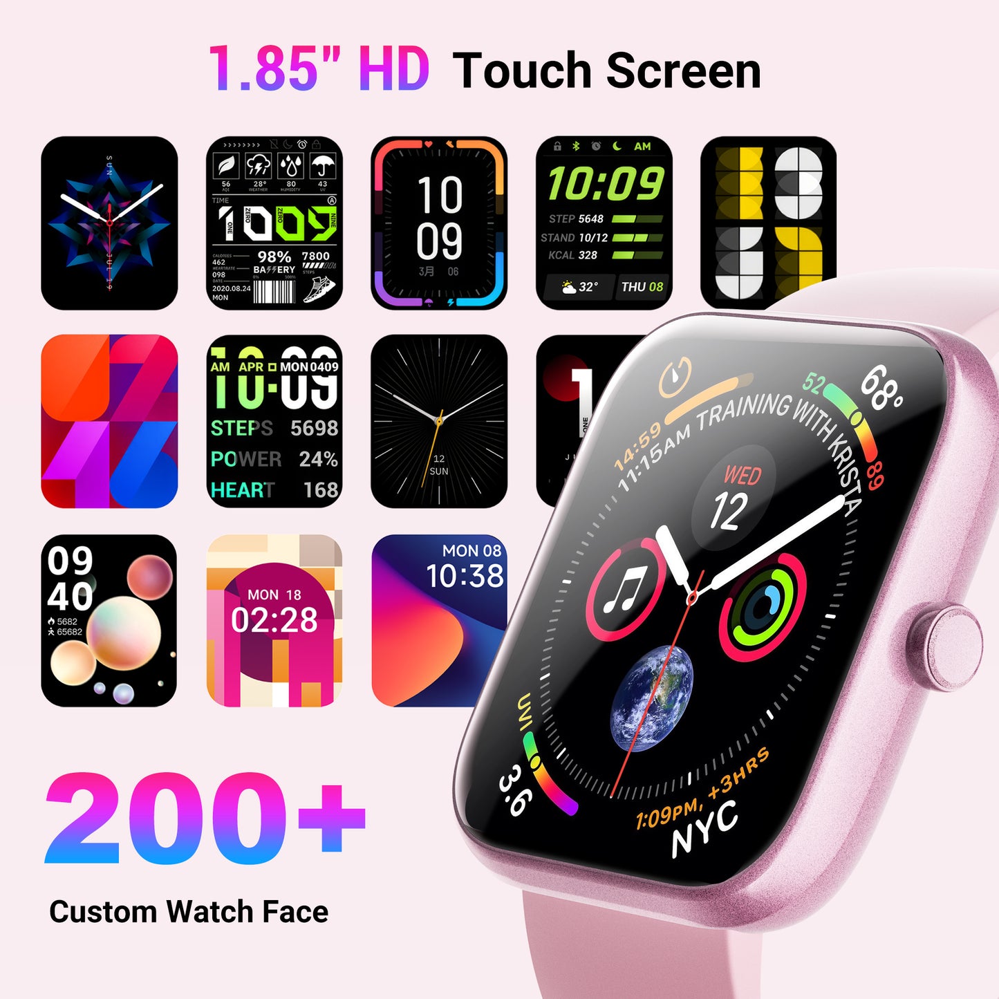 STA Smart Watch,IP68 Waterproof Smartwatch for Women Men 180+ Sports Modes,1.85-inch Fitness Tracker with Bluetooth Call(Answer/Make Calls) STA Smartwatch Compatible with Android and iPhone (Pink)