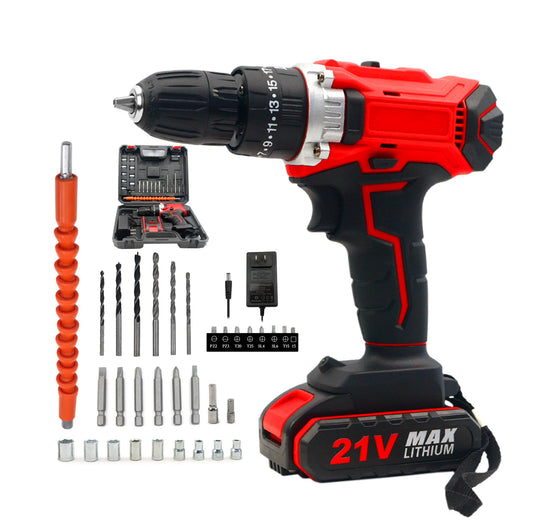 Rechargeable 21V Cordless Hand Drill Set, with 25 level torque and 21V 2Ah lithium-ion battery, LED light, for DIY home maintenance and repair