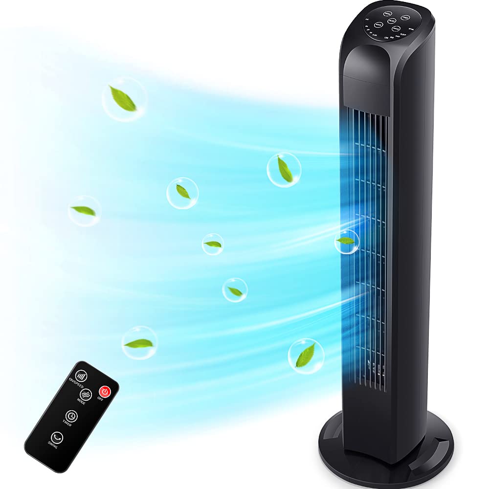 Tower Fan with Remote, Electric Standing Tower Fan Floor Fan for Bedroom Indoor Office and Home Use,Quiet Cooling Portable Bladeless Tower Fans, 30 inchs, Black Tower Fan