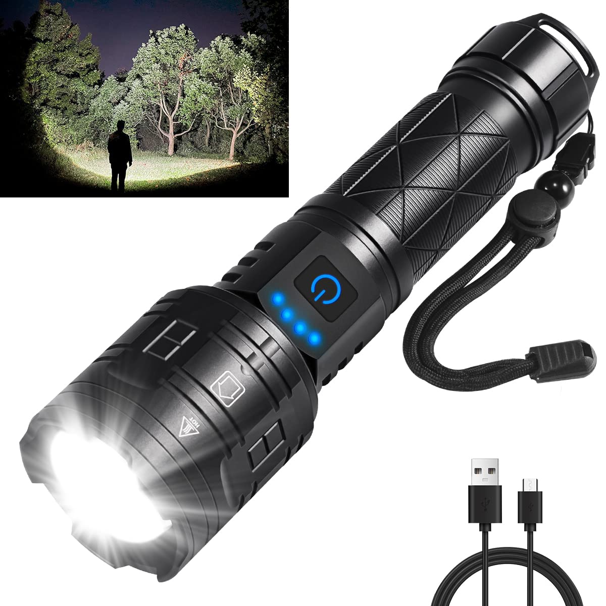 Rechargeable Flashlights High Lumens, 990000LM Powerful Tactical Flashlights, 5 Modes LED Flashlight Adjustable, Brightest Flashlight Waterproof, Handheld Flash Light for Emergencies, Camping, Hiking