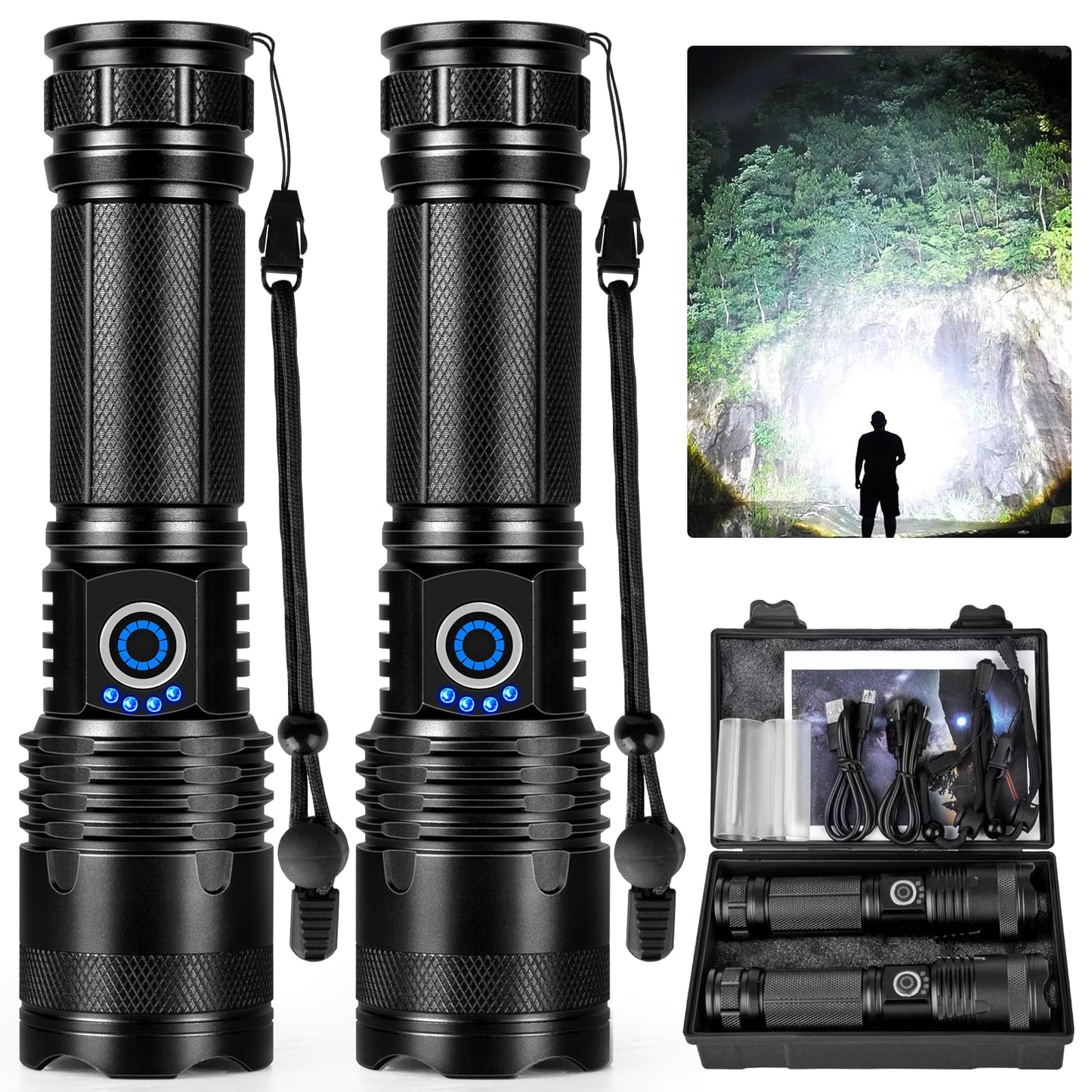 Rechargeable LED Flashlights High Lumens, 990,000 Lumens Super Bright Flashlights with 5 Modes, Waterproof Powerful Flash Light Multifunctional Flashlights for Home Camping Hiking(2 Pack)