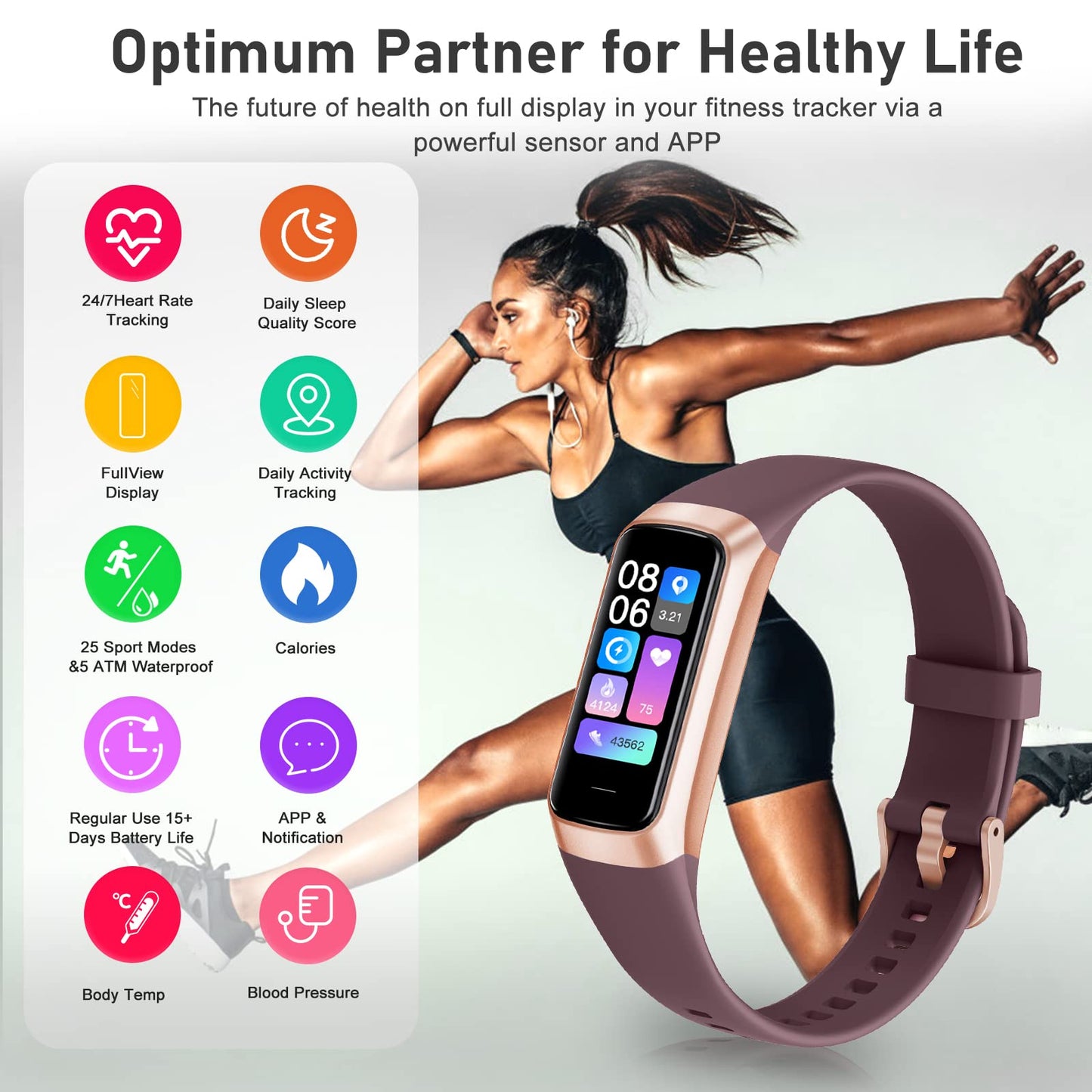 Fitness Tracker with 24/7 Heart Rate, Blood Oxygen Blood Pressure Sleep Monitor, Activity Trackers 5 ATM Waterproof,Step Calorie Counter Pedometer Health Smart Watch for Women Men