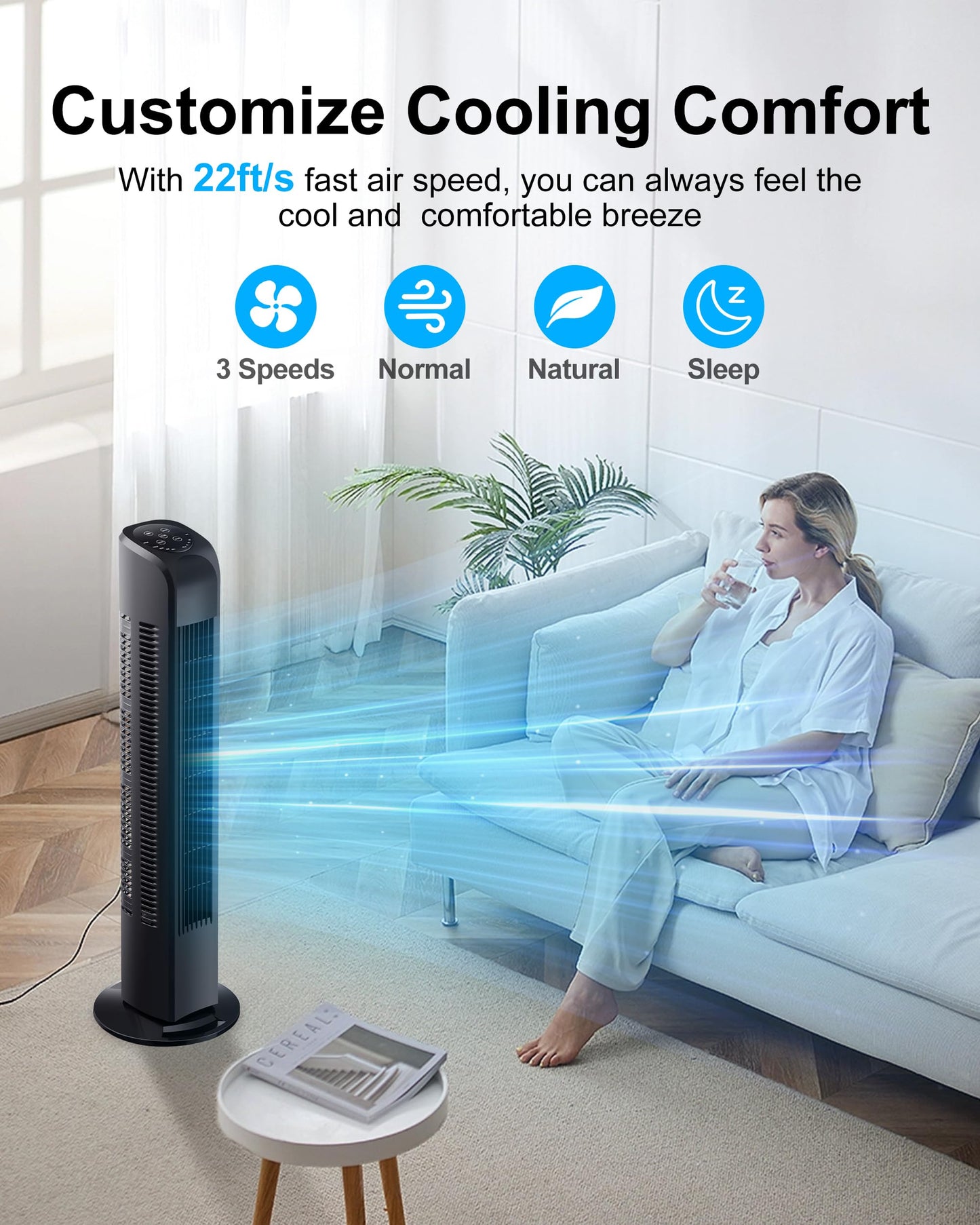 Tower Fan with Remote, Electric Standing Tower Fan Floor Fan for Bedroom Indoor Office and Home Use,Quiet Cooling Portable Bladeless Tower Fans, 30 inchs, Black Tower Fan