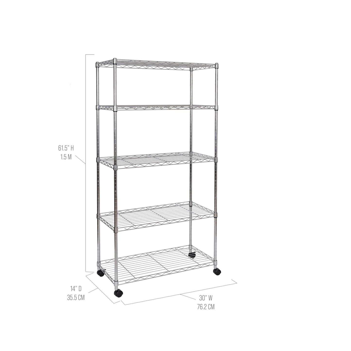 5-Tier Wire Shelving with Wheels, 5-Tier, 30"" W x 14"" D (NEW MODEL), Chrome Plating, Plated Steel