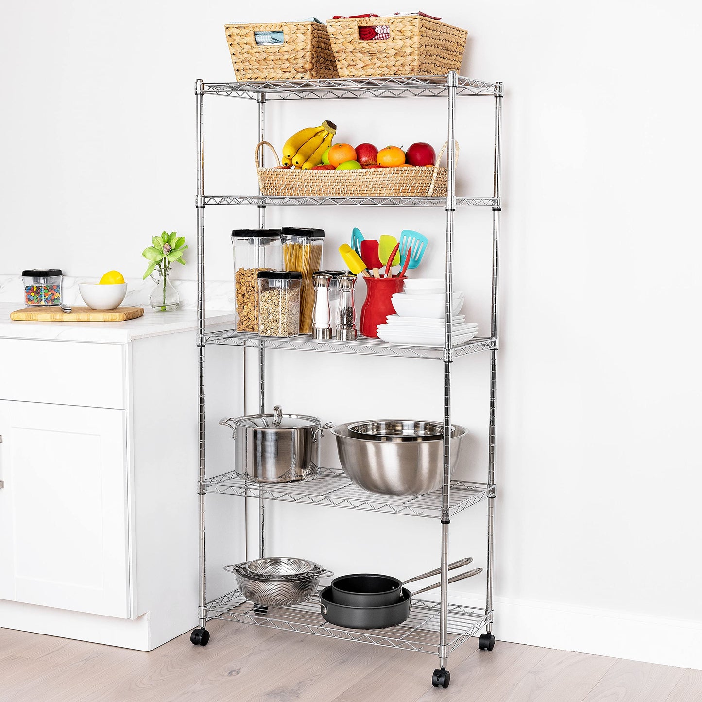 5-Tier Wire Shelving with Wheels, 5-Tier, 30"" W x 14"" D (NEW MODEL), Chrome Plating, Plated Steel