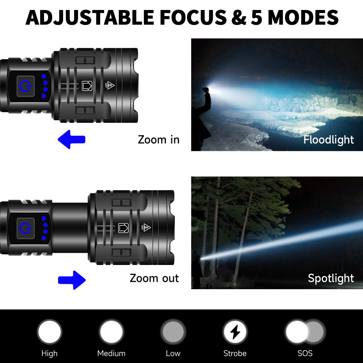 Rechargeable Flashlights High Lumens, 990000LM Powerful Tactical Flashlights, 5 Modes LED Flashlight Adjustable, Brightest Flashlight Waterproof, Handheld Flash Light for Emergencies, Camping, Hiking