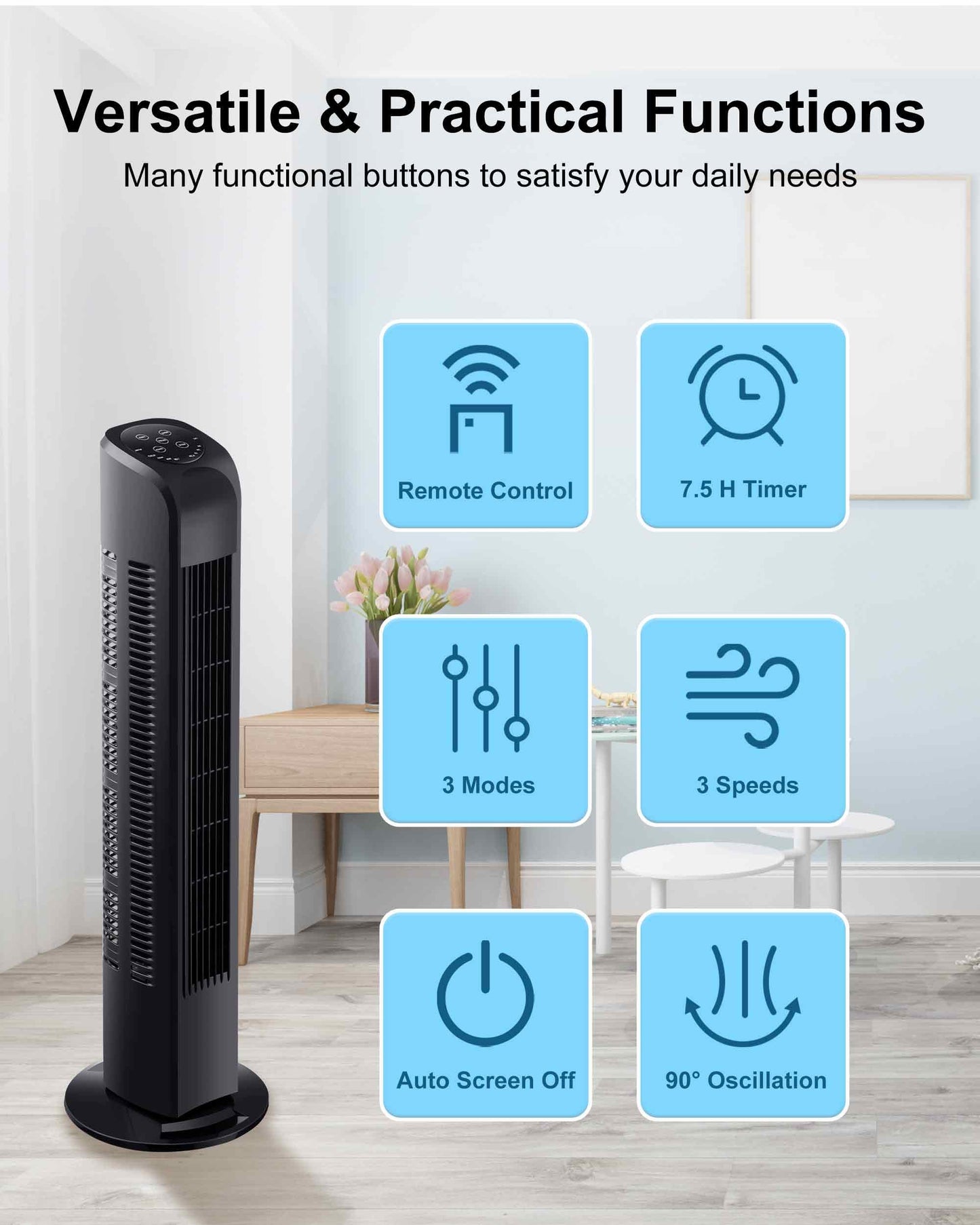 Tower Fan with Remote, Electric Standing Tower Fan Floor Fan for Bedroom Indoor Office and Home Use,Quiet Cooling Portable Bladeless Tower Fans, 30 inchs, Black Tower Fan