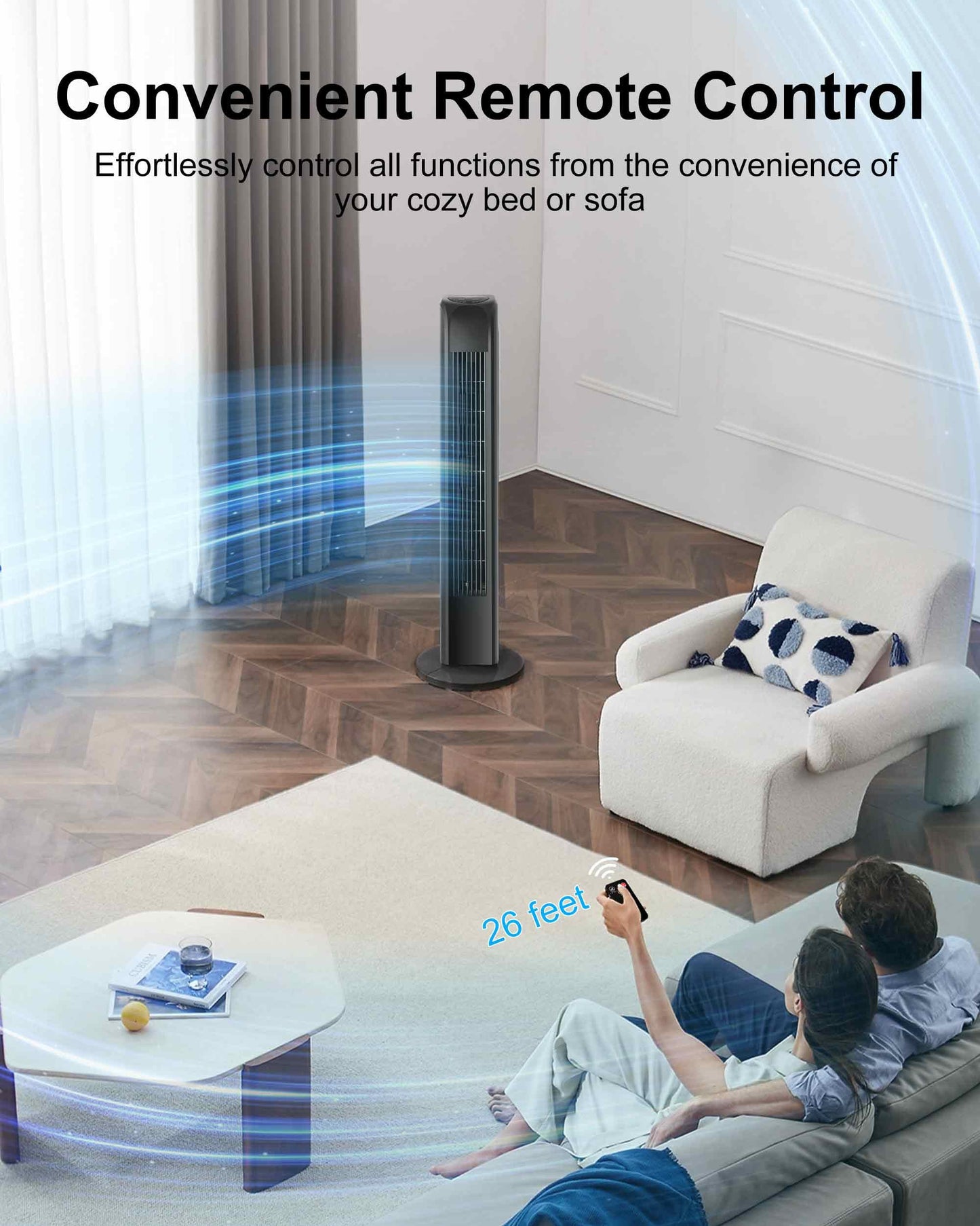 Tower Fan with Remote, Electric Standing Tower Fan Floor Fan for Bedroom Indoor Office and Home Use,Quiet Cooling Portable Bladeless Tower Fans, 30 inchs, Black Tower Fan