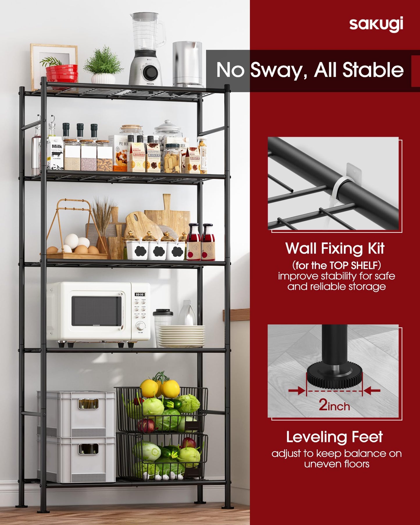 Storage Shelves - 5 Tier Shelf Organizer, Heavy Duty Garage Shelving Unit with Leveling Feet, Stable Metal Shelves Organizer for Pantry, Kitchen and Closet, 33.1" W X 12.6" D X 72.0" H, Black