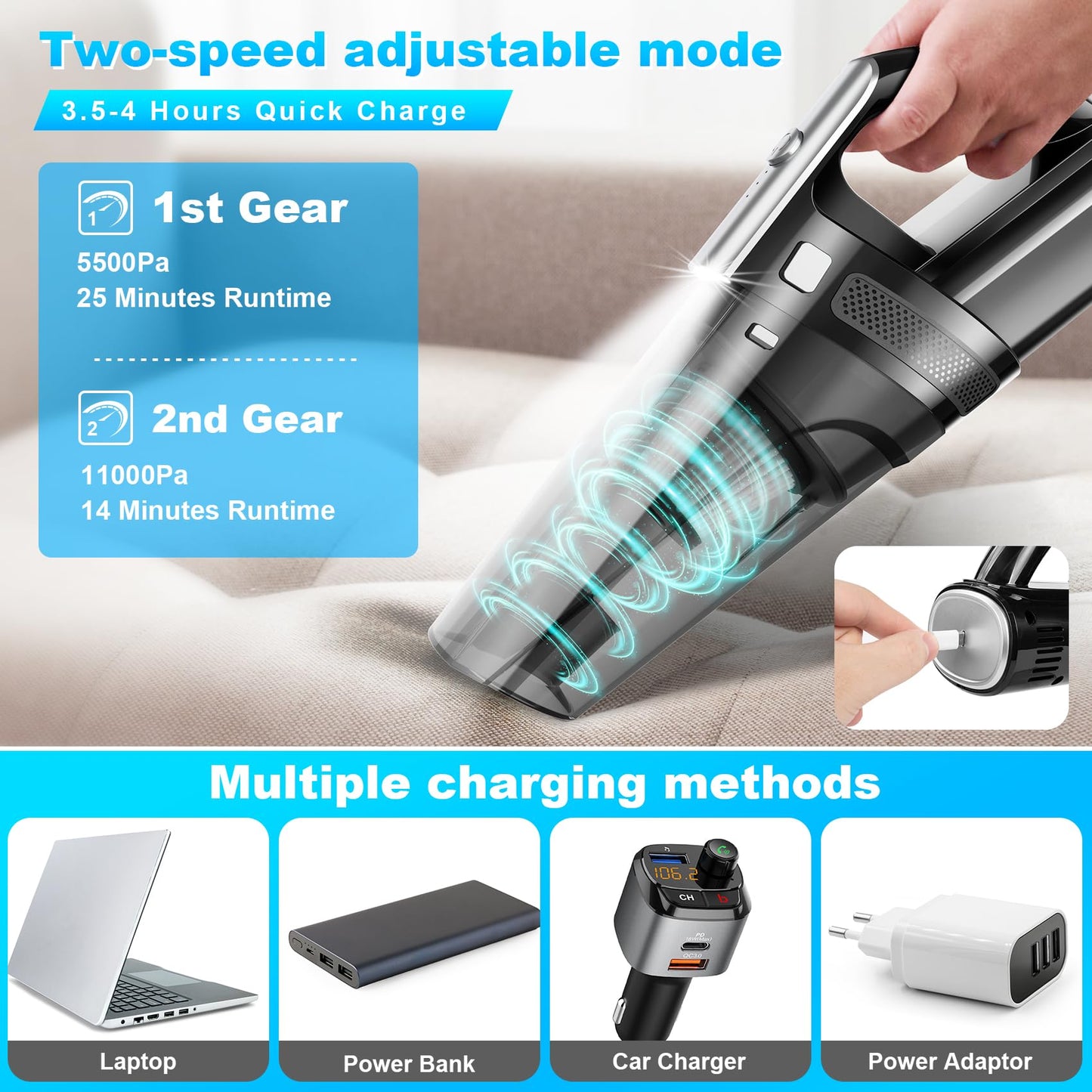 Handheld Vacuum Cordless Mini Protable Rechargeable Car Vacuum Cleaner with 11000PA Powerful Suction for Car Home and Office