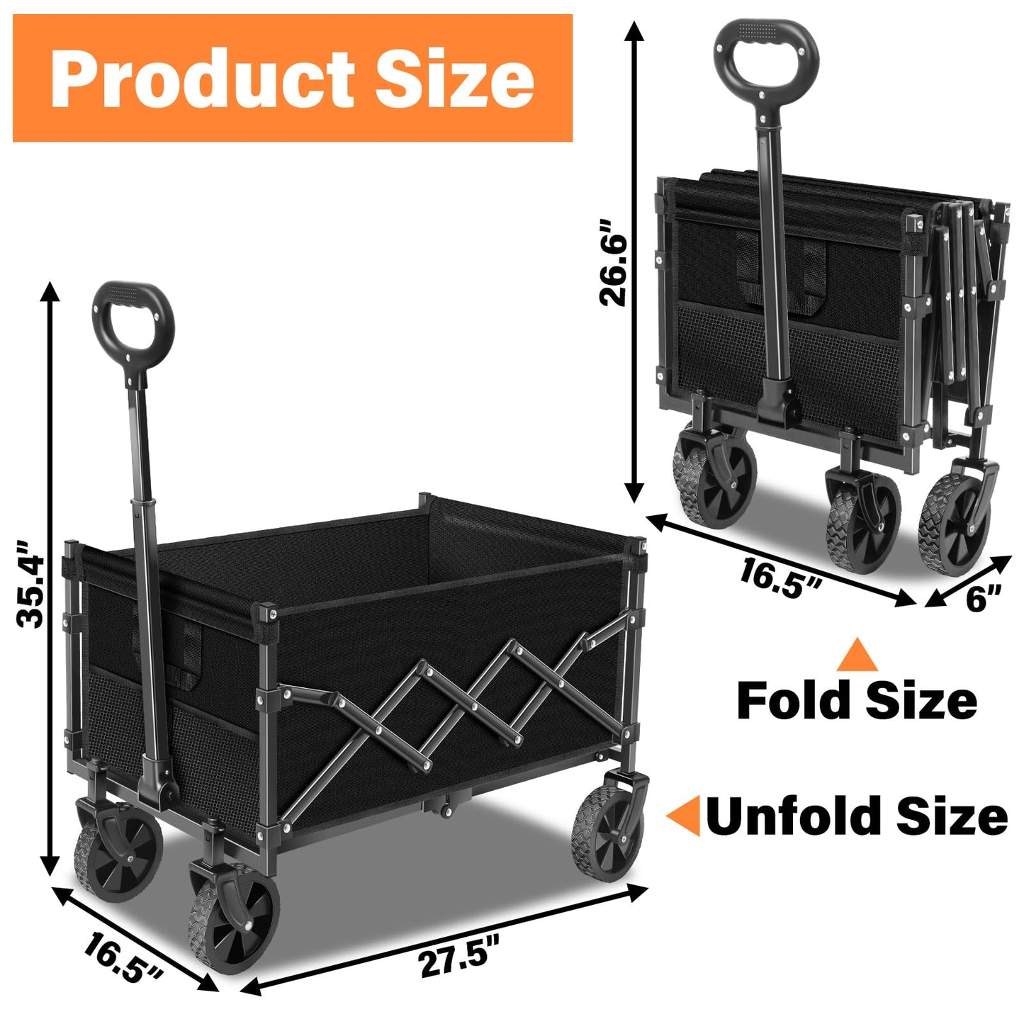 Wagons Carts Foldable - Collapsible Wagon Cart with Wheels Foldable - Utility Folding Wagon Cart for Sports Camping Grocery, Black