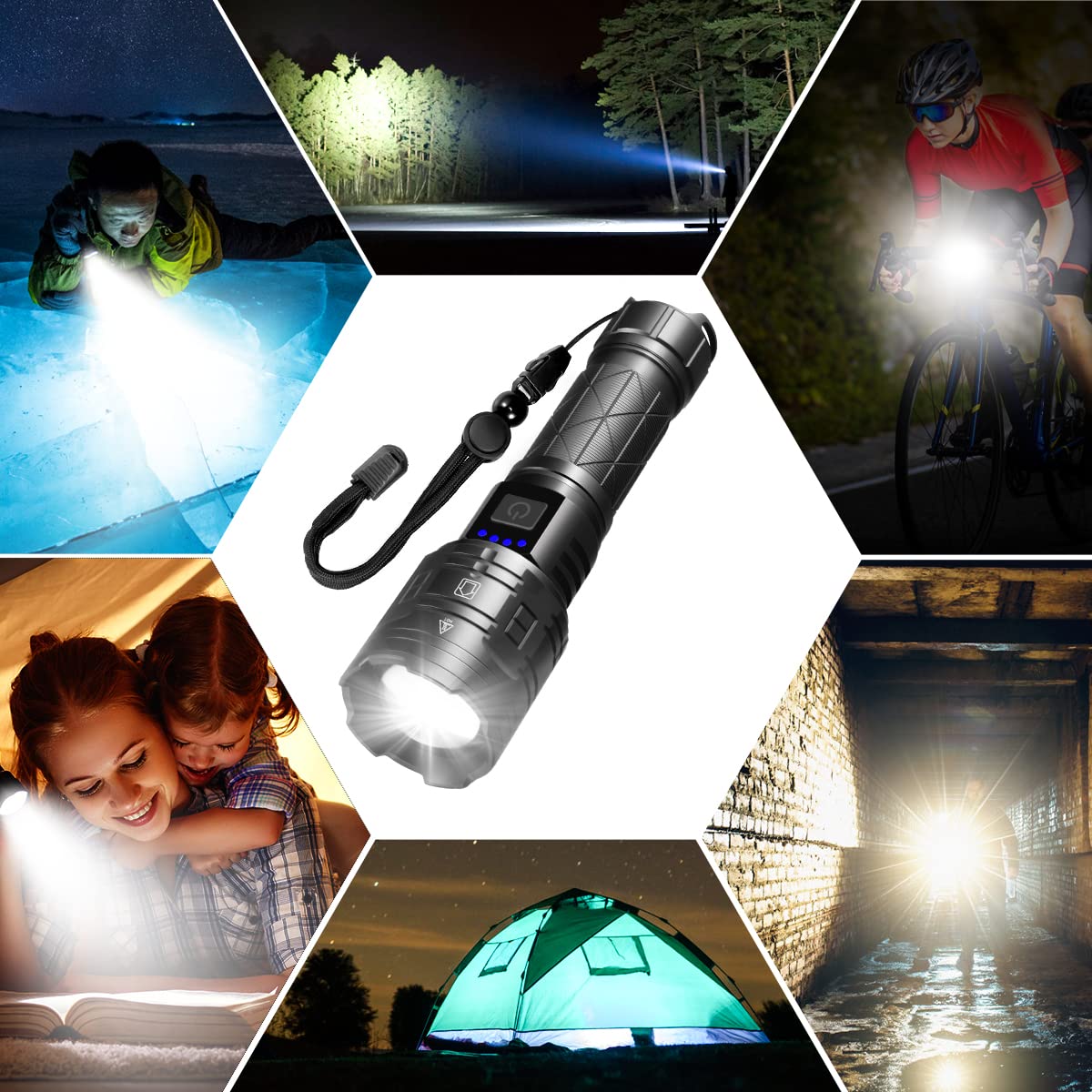 Rechargeable Flashlights High Lumens, 990000LM Powerful Tactical Flashlights, 5 Modes LED Flashlight Adjustable, Brightest Flashlight Waterproof, Handheld Flash Light for Emergencies, Camping, Hiking