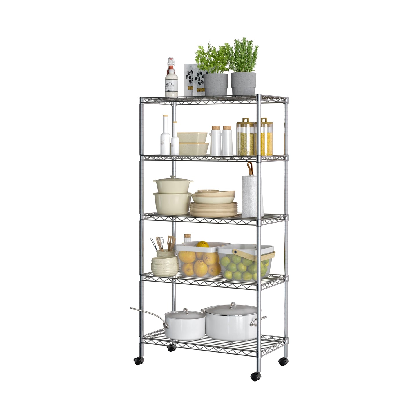 5-Tier Wire Shelving with Wheels, 5-Tier, 30"" W x 14"" D (NEW MODEL), Chrome Plating, Plated Steel