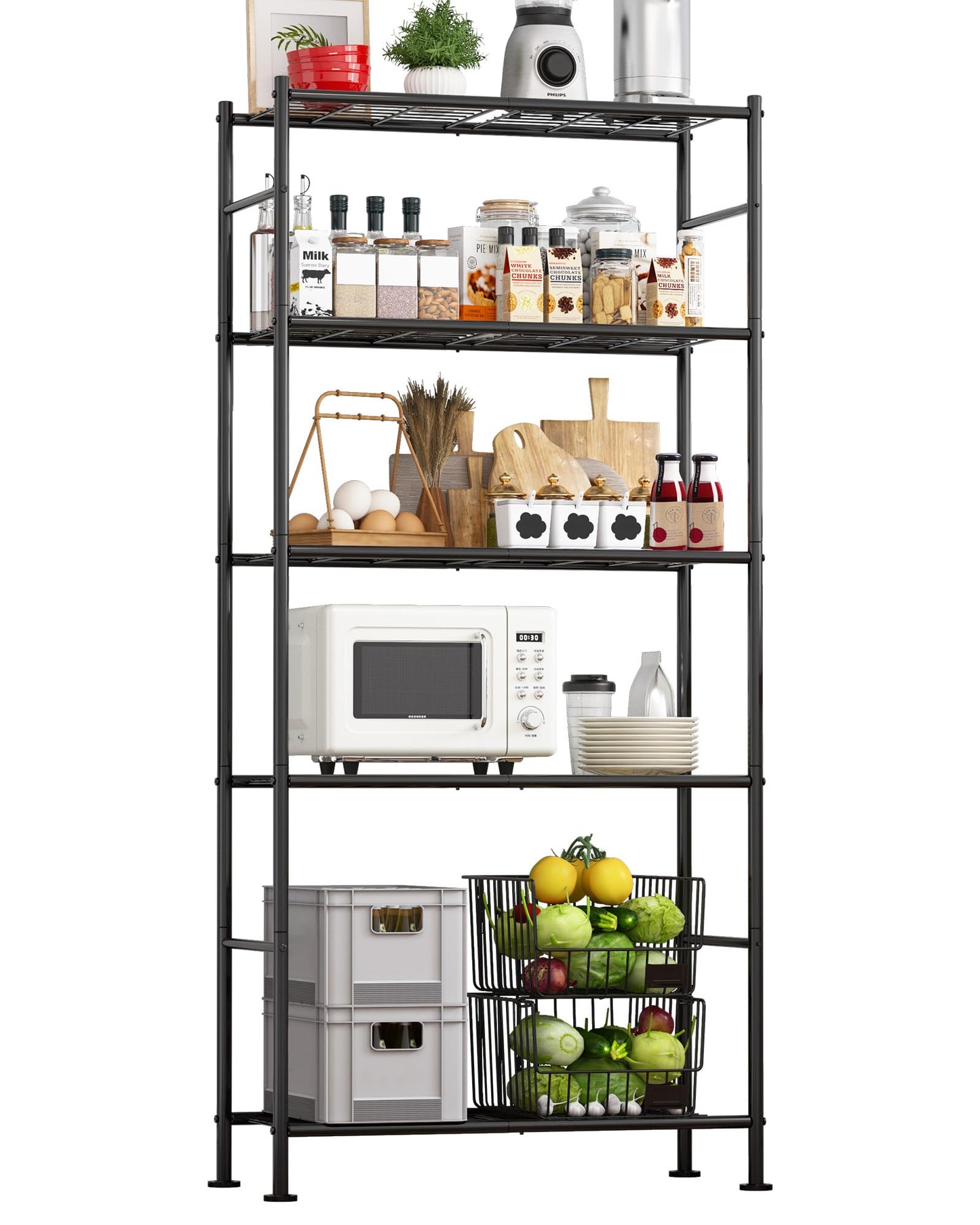 Storage Shelves - 5 Tier Shelf Organizer, Heavy Duty Garage Shelving Unit with Leveling Feet, Stable Metal Shelves Organizer for Pantry, Kitchen and Closet, 33.1" W X 12.6" D X 72.0" H, Black