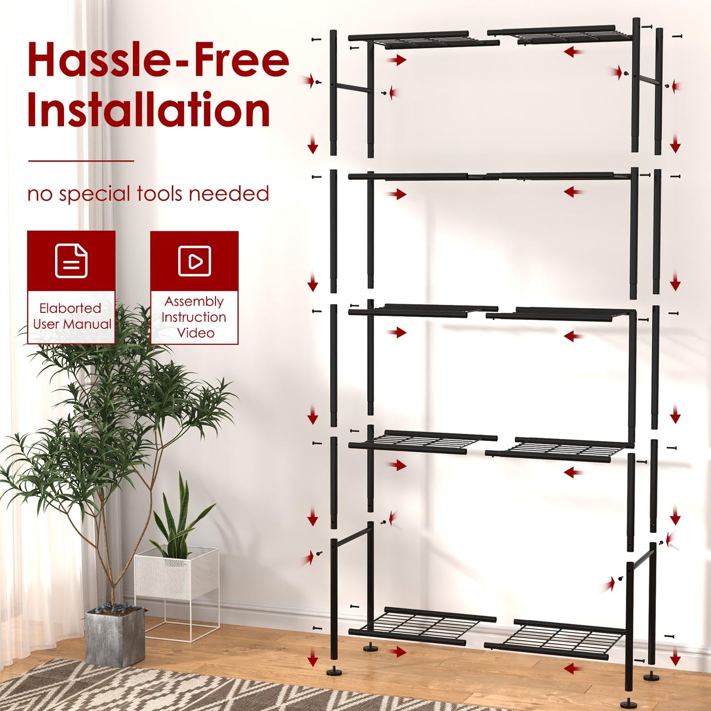 Storage Shelves - 5 Tier Shelf Organizer, Heavy Duty Garage Shelving Unit with Leveling Feet, Stable Metal Shelves Organizer for Pantry, Kitchen and Closet, 33.1" W X 12.6" D X 72.0" H, Black